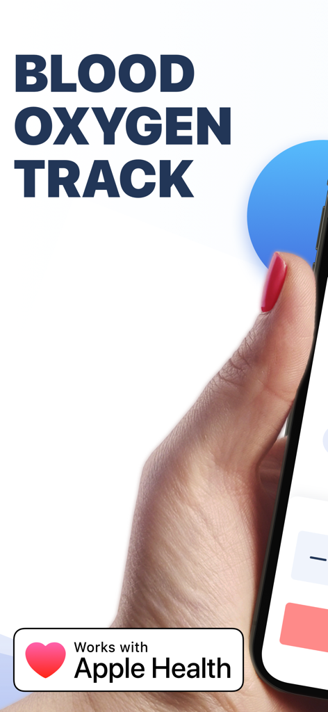 Hand holding an iPhone displaying the Blood Oxygen Track app with Apple Health integration.