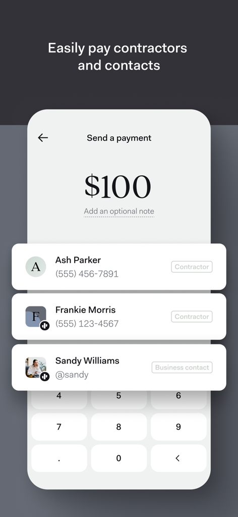 A mobile screen from the Found app for sending payments to contractors and business contacts