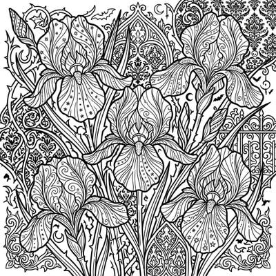Discover the captivating beauty of variegated irises reimagined in a dramatic Gothic style. This intricate coloring page features ornate floral designs interwoven with mysterious Victorian patterns, perfect for an immersive artistic escape.