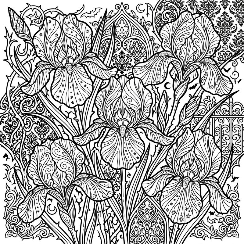 Discover the captivating beauty of variegated irises reimagined in a dramatic Gothic style. This intricate coloring page features ornate floral designs interwoven with mysterious Victorian patterns, perfect for an immersive artistic escape.