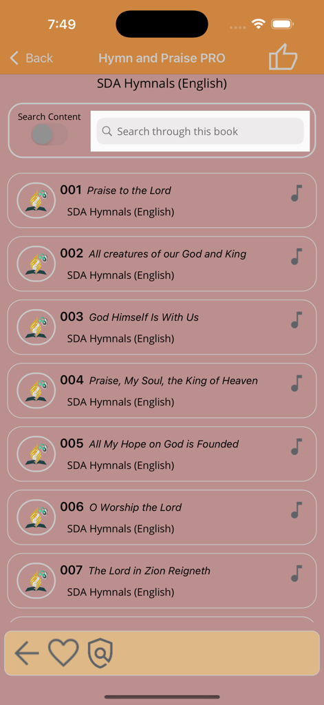 List of English SDA Hymnals in the Hymns and Praise Pro mobile app