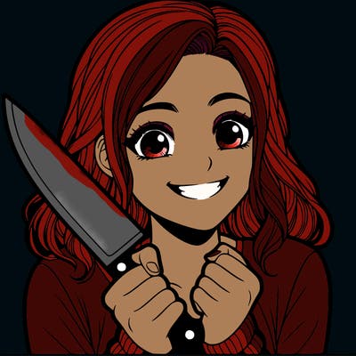 a realistic girl holding a knife and grinning