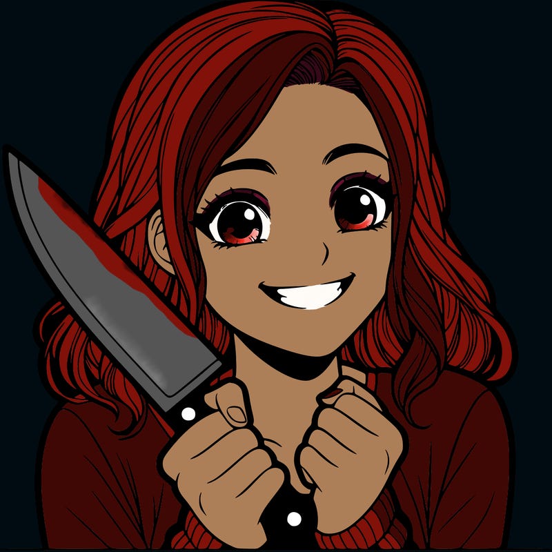 a realistic girl holding a knife and grinning