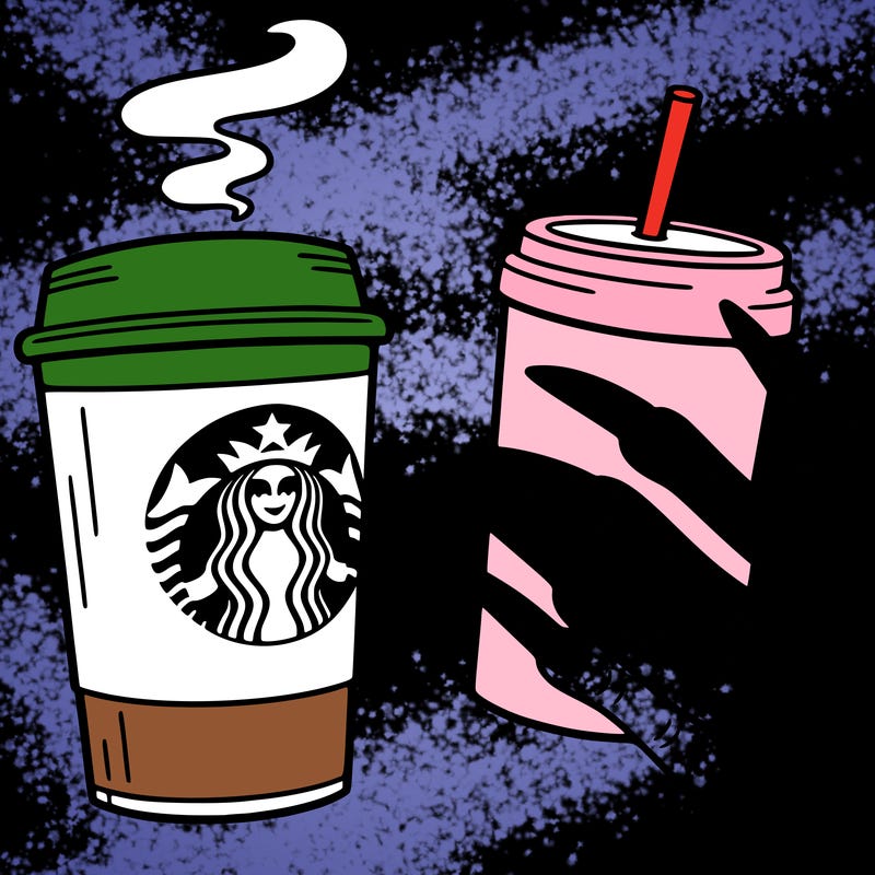 one starbucks coffee cup with steam coming out and a hand on it with long nails