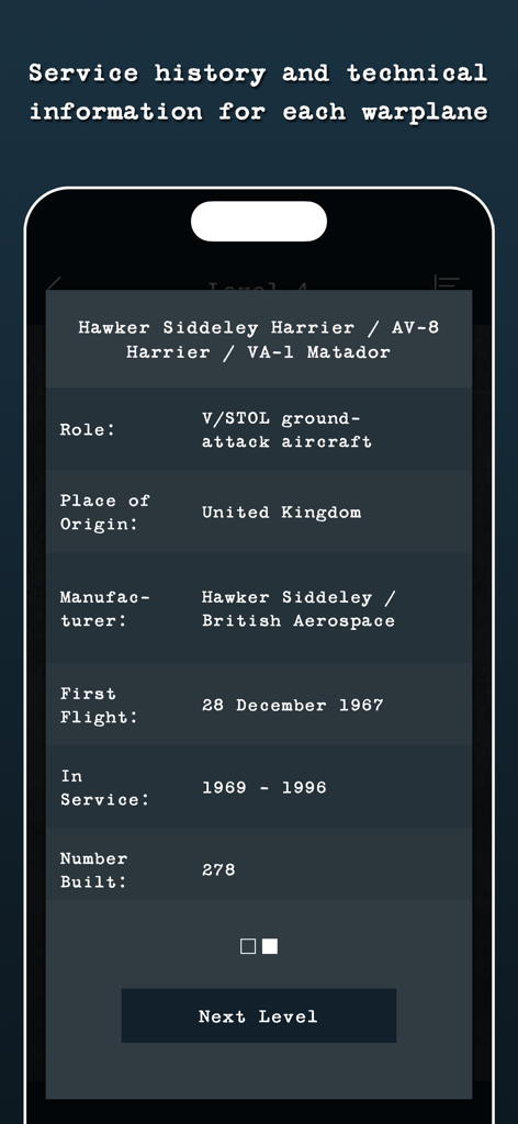 Guess the Military Aircraft - Technical specifications and service history for a Hawker Siddeley Harrier aircraft in the app