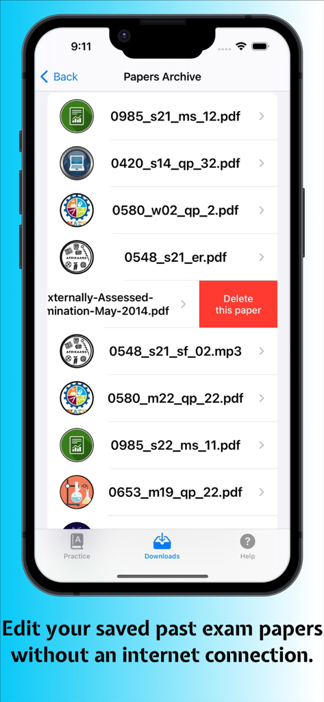 Uma lista de provas de exames anteriores baixadas para acesso offline na seção de arquivo do aplicativo A+Papers.