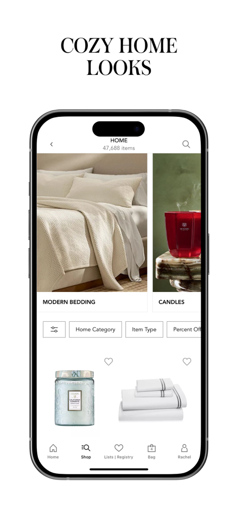 Bloomingdale's: Online Store - L'application mobile Bloomingdale's affichant un écran de catégorie de décoration intérieure avec une literie moderne et des bougies.