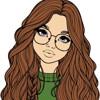 girl with long hair and freckles and glasses realistic