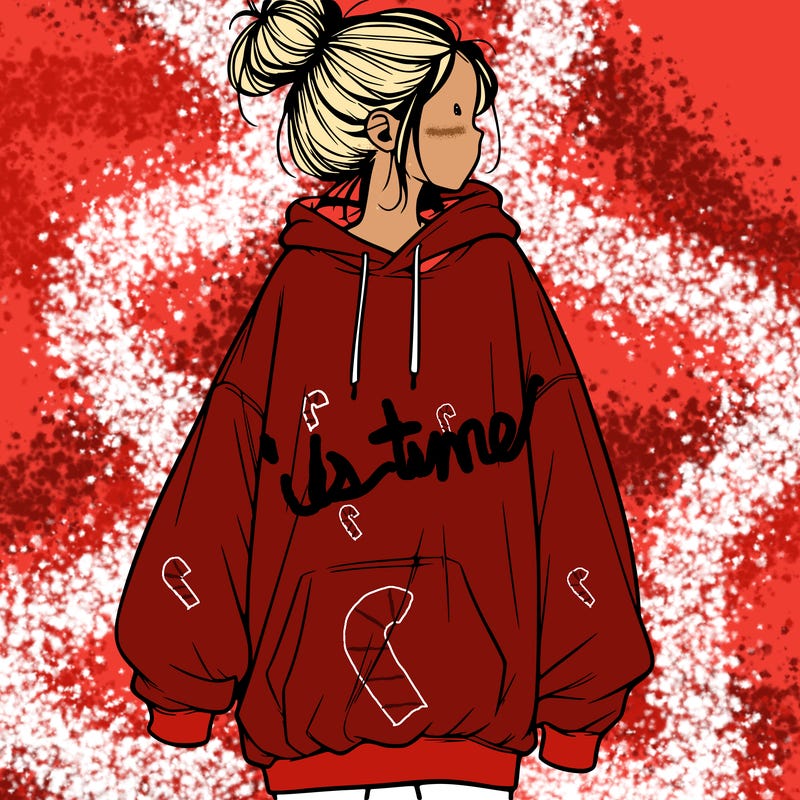 realistic girl with a oversized sweatshirt on and a bun