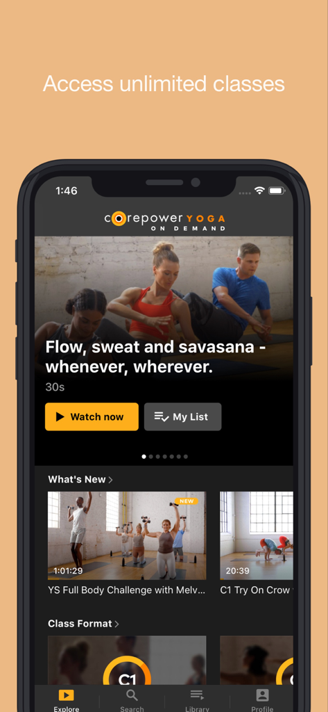 CorePower Yoga On Demand - CorePower Yoga On Demand mobile app interface displaying a variety of online yoga and fitness classes