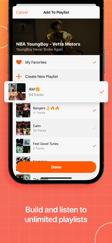 A screenshot of the Musi app showing the add to playlist interface with several custom music folders.