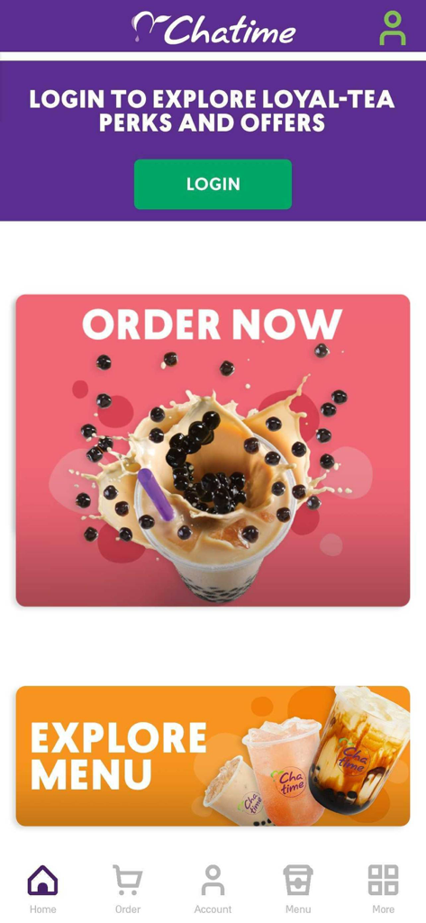 Chatime USA - Pantalla de inicio de la aplicación móvil Chatime USA con solicitud de inicio de sesión para recompensas y banner de pedido ahora