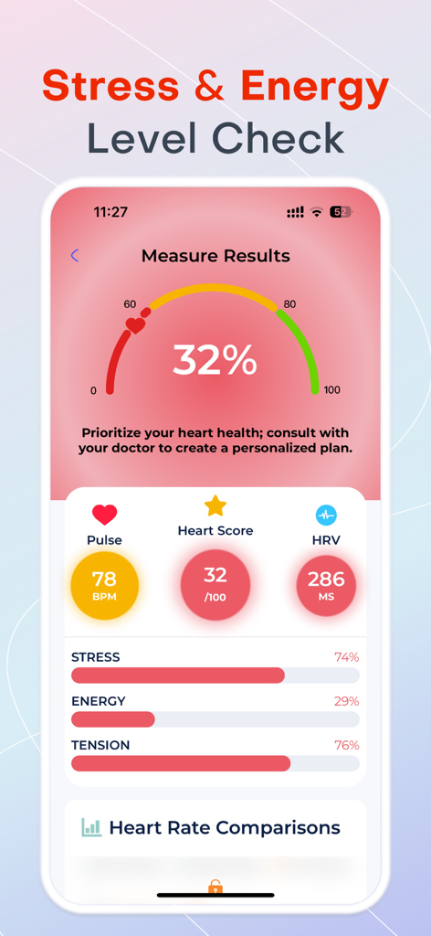 Impulse heart rate monitor app displaying stress and energy level check results with pulse and HRV metrics