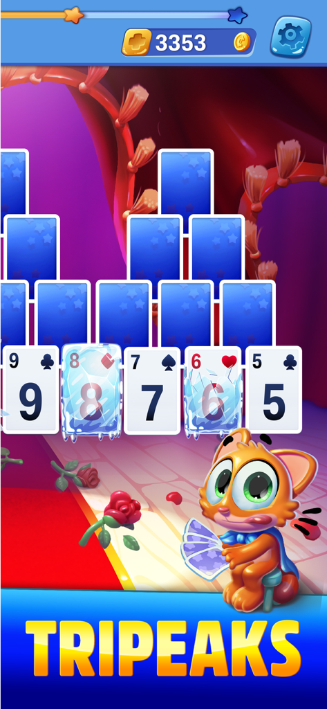 Solitaire Showtime - Solitaire Showtime Tripeaks gameplay screen featuring frozen cards and a cute orange cat mascot
