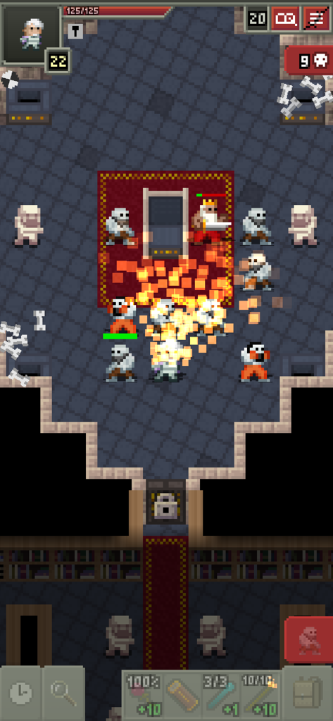 Uma captura de tela de jogabilidade em pixel art de Shattered Pixel Dungeon mostrando um herói cercado por esqueletos durante uma batalha contra um chefe.