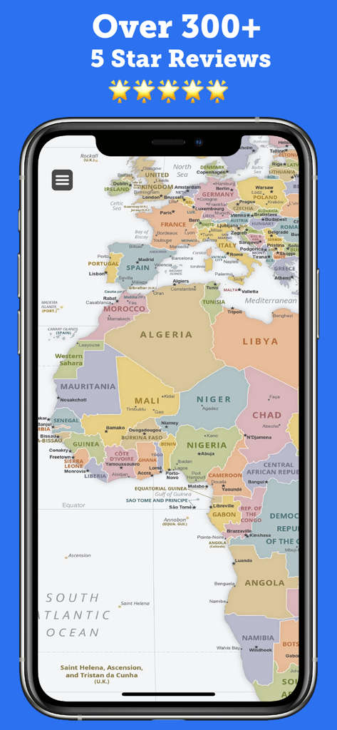 World Map + - Pantalla de iPhone mostrando un mapa político del mundo de África y Europa con una pancarta de valoración de cinco estrellas