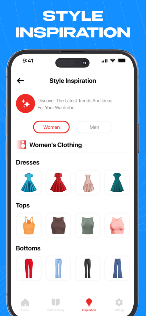 Virtual Clothes: Try on Outfit - Eine mobile App-Oberfläche, die verschiedene Kleidungsstücke wie Kleider, Oberteile und Hosen im Bereich Style-Inspiration zeigt