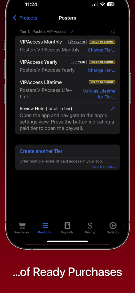 FreemiumKit: In-App Purchases - Interfaccia mobile per la gestione dei livelli di acquisto in-app mensili, annuali e a vita con indicatori di stato.
