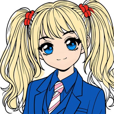 realistic girl with two ponytails and a suit on