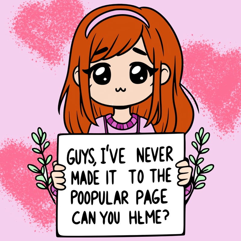 a girl holding up a sign that says, guys, i’ve never made it to the popular page, can you help me?