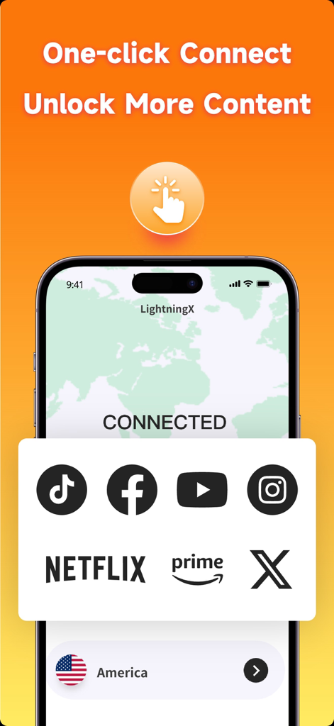 LightningX VPN app screen showing one-click connect to unlock apps like TikTok and Netflix