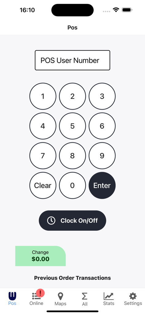 Whoods - Whoods POS interface showing a numeric keypad for user login and a clock in and out feature for hospitality staff