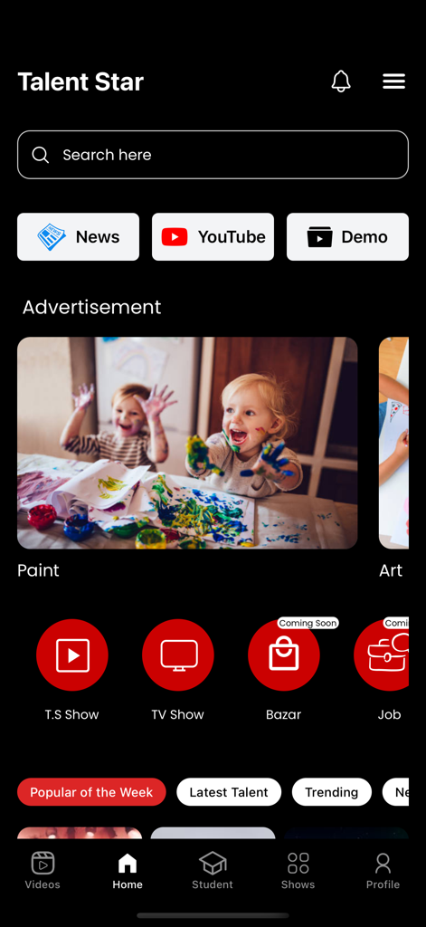 Home screen of the Talent Star Nepal app featuring sections for news shows and student talent
