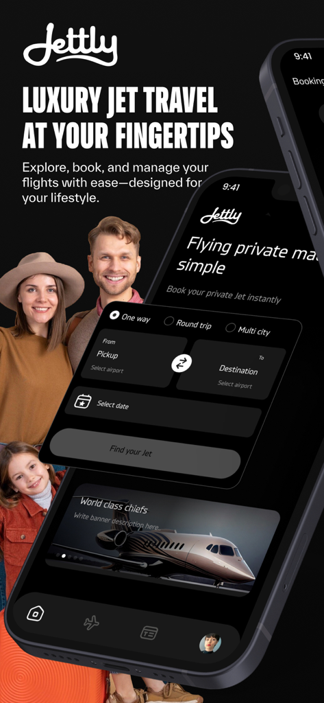 Jettly Private Jet Charter - Jettly private jet charter mobile app interface showing booking options for luxury travel