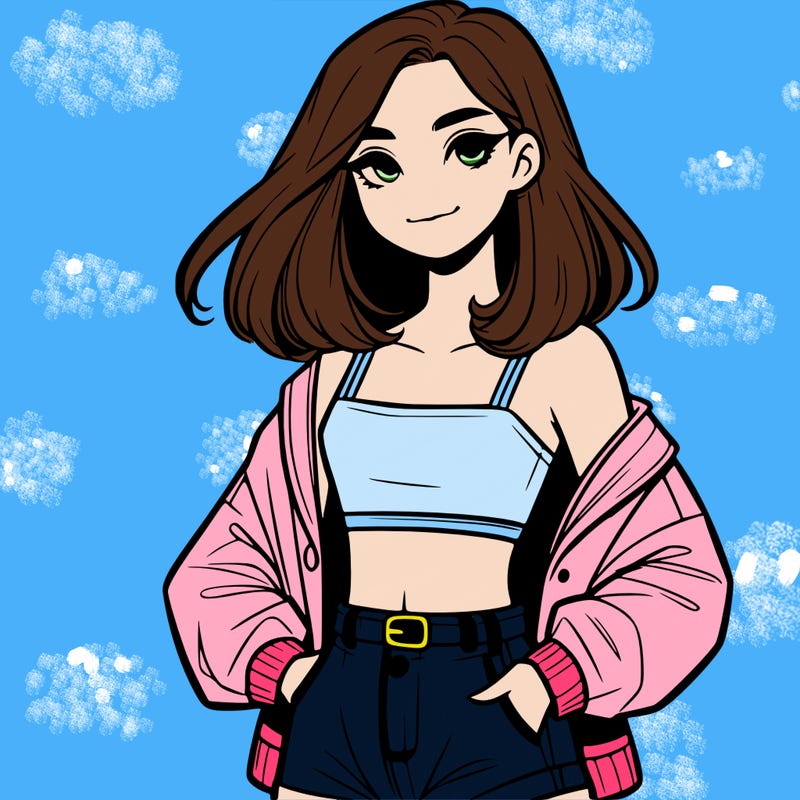 a realistic girl with a crop top and short shorts in an open jacket