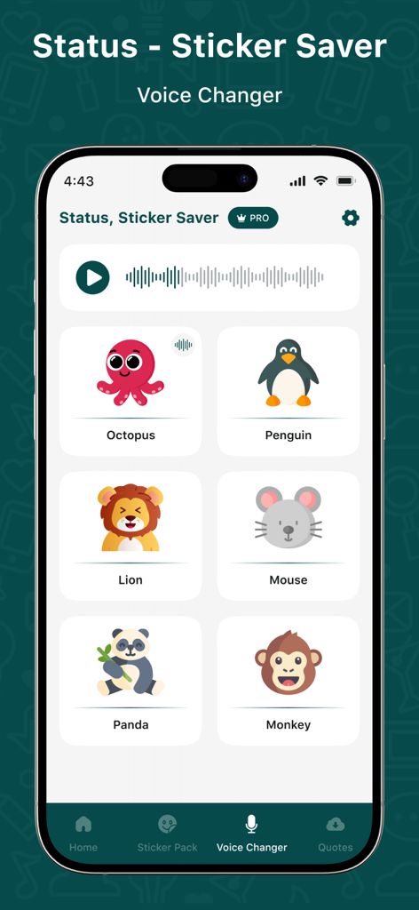 Status - Sticker Saver - Interface of the Voice Changer feature in the Status Sticker Saver app featuring animal icons for voice effects