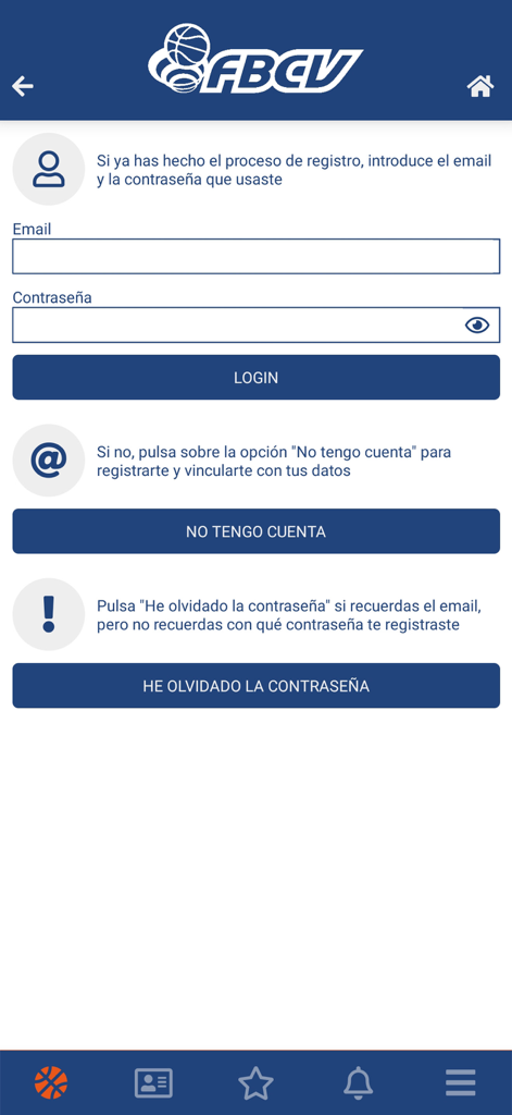FBCV - App Oficial - Pantalla de inicio de sesión de la aplicación oficial de baloncesto FBCV que muestra los campos de correo electrónico y contraseña con opciones de registro