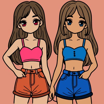 two sisters with crop tops and jean shorts and straight hair