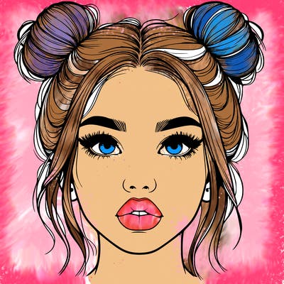 realistic girl with two buns on her hair and lips