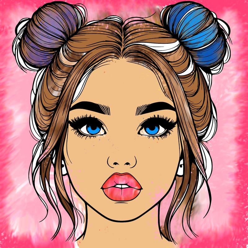 realistic girl with two buns on her hair and lips