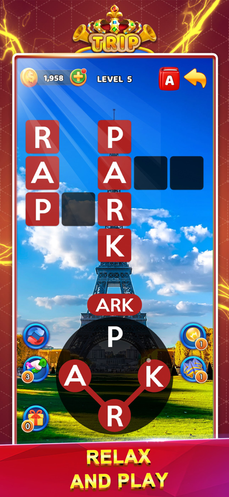 Word Trip Connect Puzzle Games - Word Trip Connect crossword puzzle gameplay with a scenic Eiffel Tower background