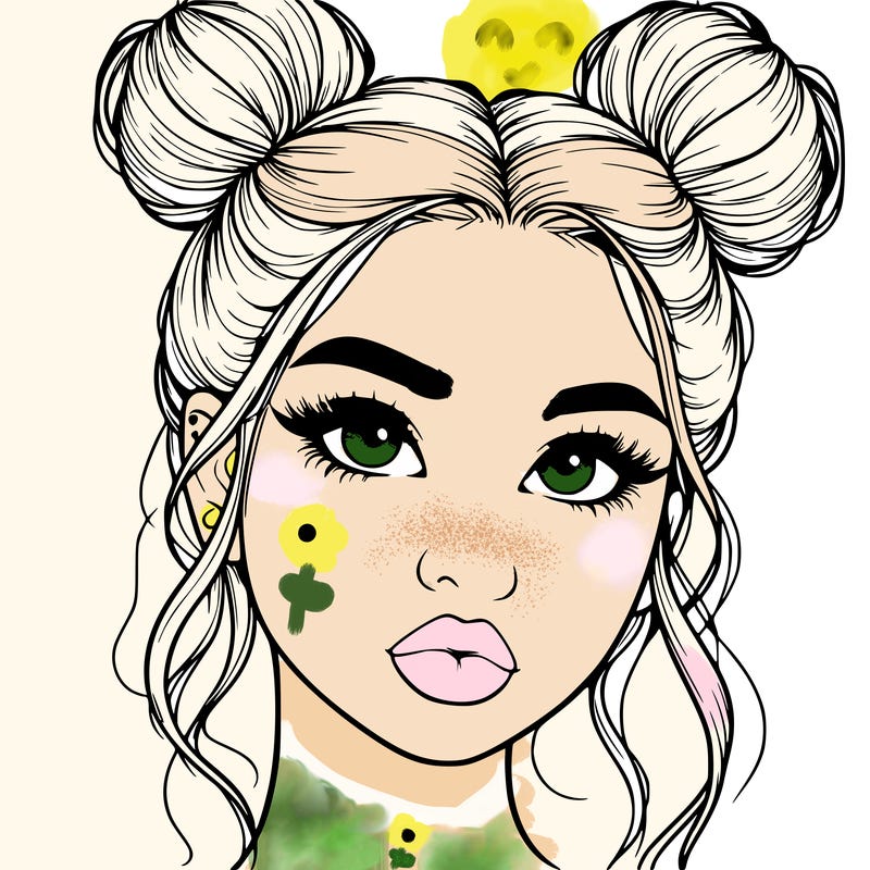 realistic girl with two buns on her hair and lips