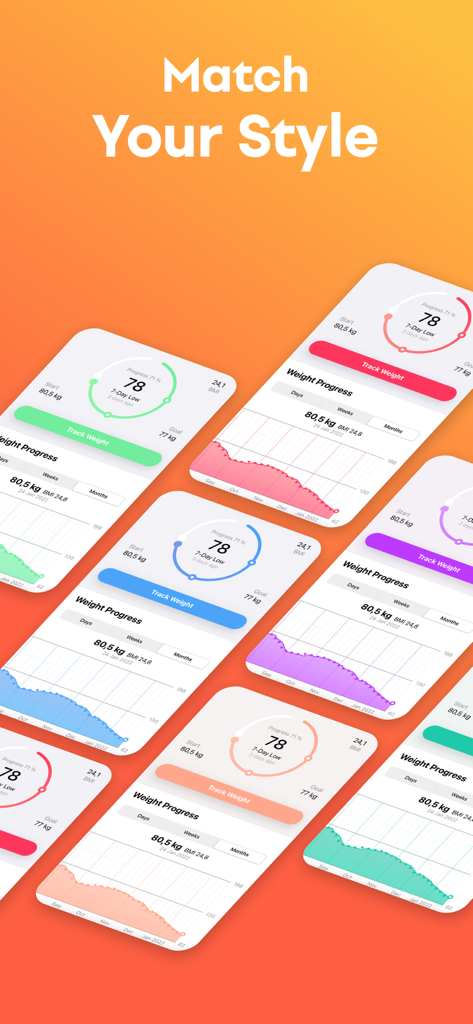 Multiple app interface screens for Better Weight showing various custom color themes and weight tracking charts