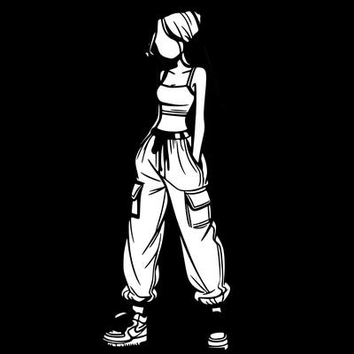 girl in baggy pants crop top and long hair