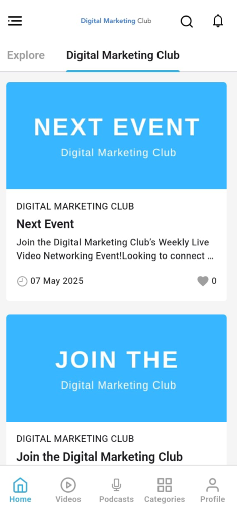 Digital Marketing Club - La pantalla de inicio de la aplicación Digital Marketing Club que muestra próximos eventos de networking y enlaces a la comunidad