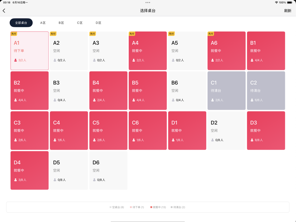 平板点餐-自助点餐 - Digital dashboard showing a grid of color-coded restaurant tables for managing availability and customer orders.