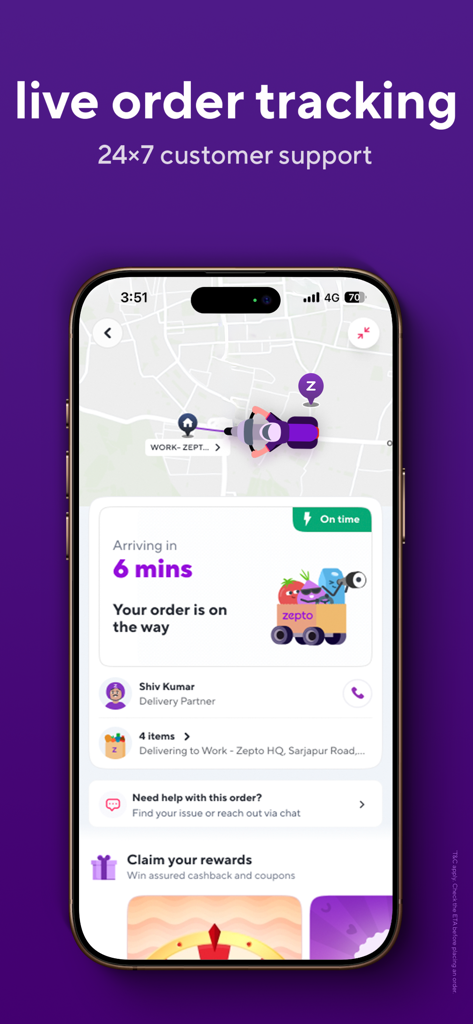 Interface de l'application mobile Zepto montrant le suivi des livraisons en direct sur une carte avec une estimation d'arrivée de 6 minutes