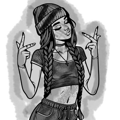 realistic teenage girl with braids and a beanie and crop top doing 🫶🏼