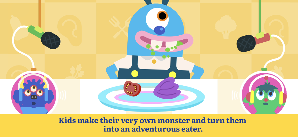 Teach Your Monster Eating - A blue monster character eating healthy food on a plate in a child-friendly educational game environment