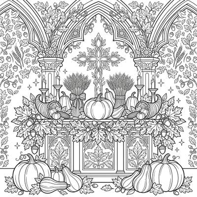 Immerse yourself in the beauty of autumn with this intricate coloring page featuring a majestic cathedral altar. Celebrate the harvest season by bringing vibrant colors to pumpkins, gourds, and fall foliage.