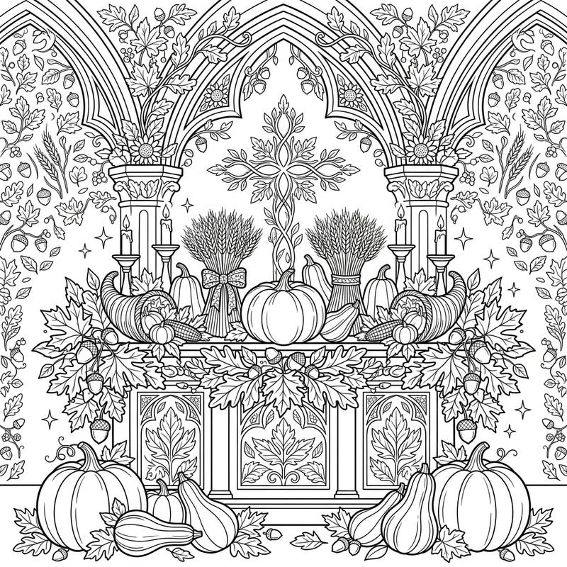 Immerse yourself in the beauty of autumn with this intricate coloring page featuring a majestic cathedral altar. Celebrate the harvest season by bringing vibrant colors to pumpkins, gourds, and fall foliage.
