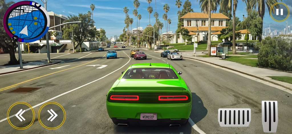 Vegas Gangster Crime Car Games - Gameplay of a green sports car driving through an urban city street with mobile controls