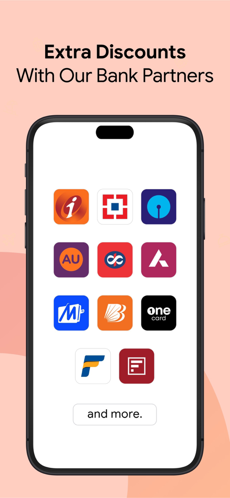 ixigo: Flight & Hotel Booking - Écran de smartphone montrant divers logos de banques indiennes pour des réductions supplémentaires sur les réservations de vols et d'hôtels.
