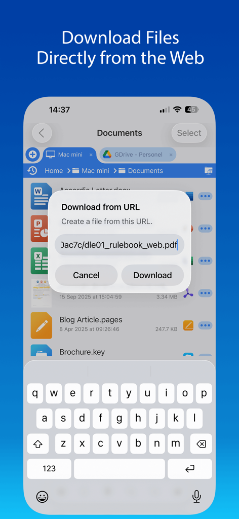 iPhone screen showing the FileBrowser app Download from URL dialog to save a PDF directly from the web