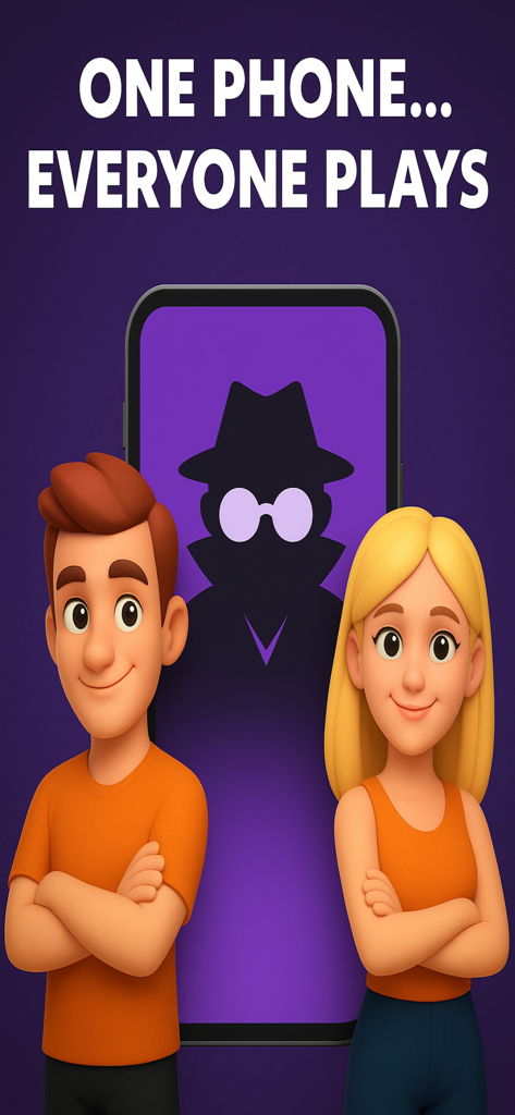 Schermata del gioco di società The Imposter che mostra due personaggi e il testo Un Telefono Tutti Giocano.