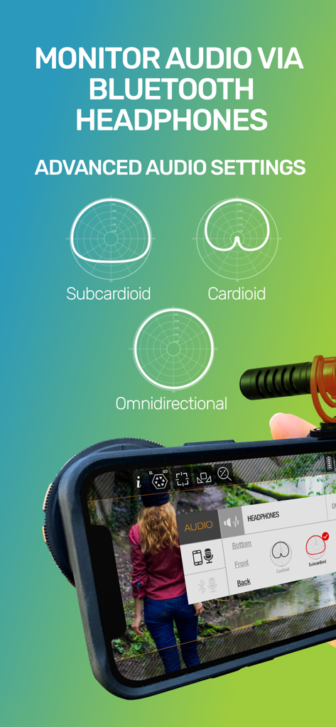 Guerrilla Filmmaker: Camera - Advanced audio settings in Guerrilla Filmmaker app showing polar patterns and Bluetooth monitoring options